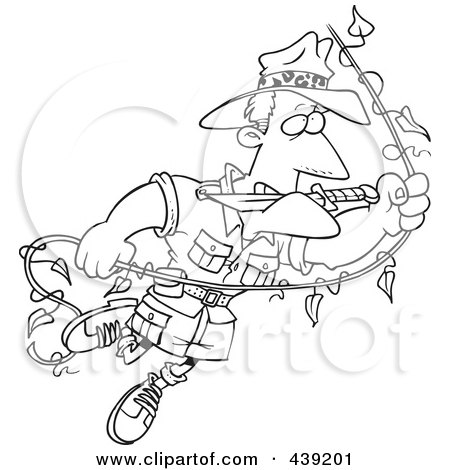 Royalty-Free (RF) Clip Art Illustration of a Cartoon Black And White Outline Design Of An Explorer Man Swinging On A Vine by toonaday