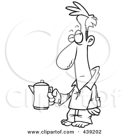 Royalty-Free (RF) Clip Art Illustration of a Cartoon Black And White Outline Design Of A Tired Man Holding A Coffee Pot by toonaday