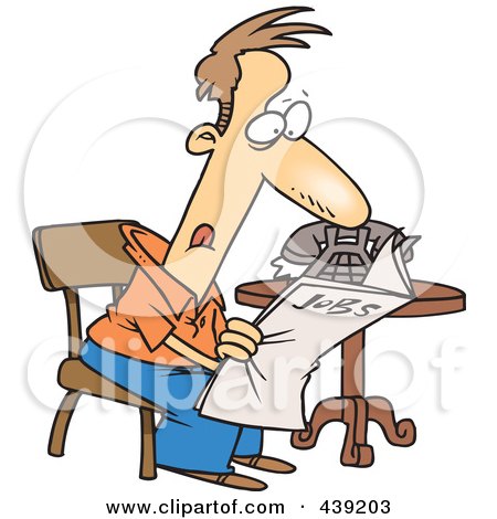 Royalty-Free (RF) Clip Art Illustration of a Cartoon Unemployed Man Searching For Jobs In The Newspaper by toonaday