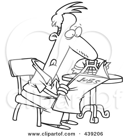 Royalty-Free (RF) Clip Art Illustration of a Cartoon Black And White Outline Design Of An Unemployed Man Searching For Jobs In The Newspaper by toonaday