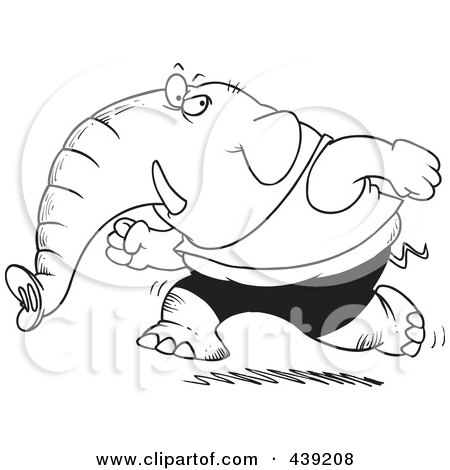 Royalty-Free (RF) Clip Art Illustration of a Cartoon Black And White Outline Design Of A Jogging Elephant by toonaday