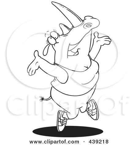 Royalty-Free (RF) Clip Art Illustration of a Cartoon Black And White Outline Design Of A Jazzercise Rhino by toonaday