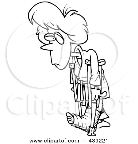 Royalty-Free (RF) Clip Art Illustration of a Cartoon Black And White Outline Design Of A Judo Woman With Crutches by toonaday