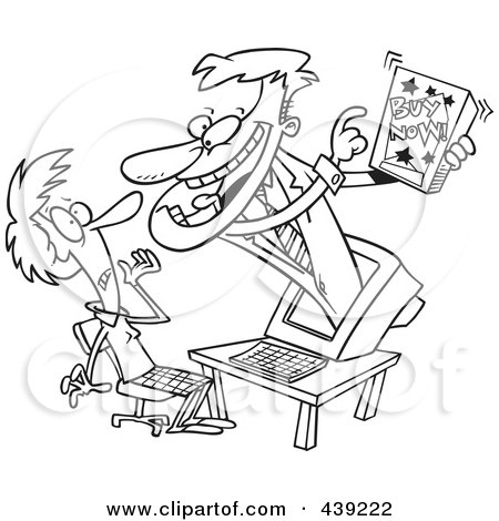 Royalty-Free (RF) Clip Art Illustration of a Cartoon Black And White Outline Design Of A Salesman Popping Out Of A Computer And Marketing A Product by toonaday