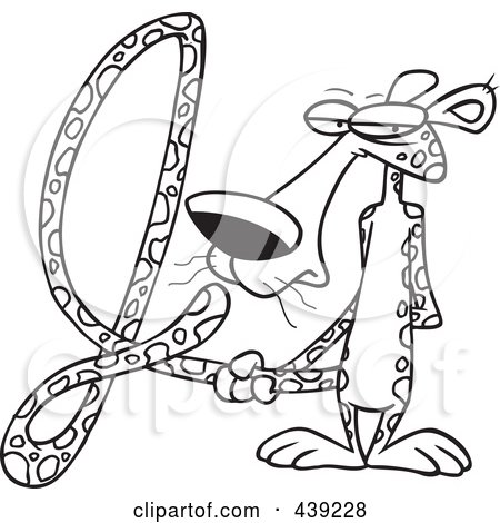 Royalty-Free (RF) Clip Art Illustration of a Cartoon Black And White Outline Design Of A Jaguar With His Tail In The Shape Of A J by toonaday
