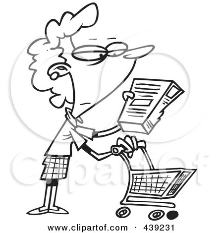 Royalty-Free (RF) Clip Art Illustration of a Cartoon Black And White Outline Design Of A Shopping Woman Reading An Ingredient Label by toonaday