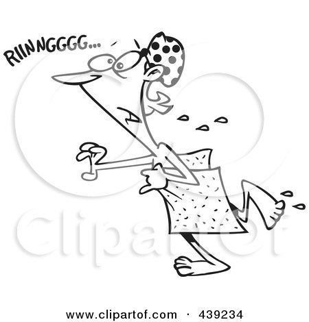Royalty-Free (RF) Clip Art Illustration of a Cartoon Black And White Outline Design Of A Woman Rushing For A Phone Call In A Towel by toonaday