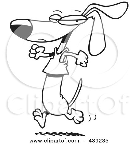Royalty-Free (RF) Clip Art Illustration of a Cartoon Black And White Outline Design Of A Wiener Dog Jogging In A Shirt by toonaday