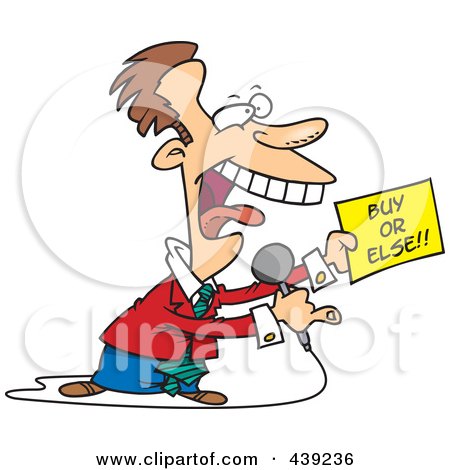 Royalty-Free (RF) Clip Art Illustration of a Cartoon Infomercial Host Holding A Buy Or Else Sign by toonaday