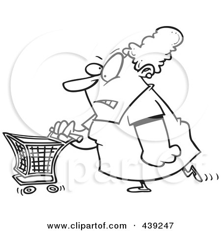 Royalty-Free (RF) Clip Art Illustration of a Cartoon Black And White Outline Design Of A Grumpy Woman Grocery Shopping by toonaday