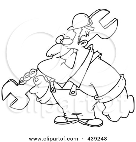 Royalty-Free (RF) Clip Art Illustration of a Cartoon Black And White Outline Design Of A Strong Builder Carrying A Wrench by toonaday