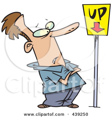Royalty-Free (RF) Clip Art Illustration of a Cartoon Man Looking At An Up Sign Pointing Down by toonaday