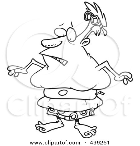 Royalty-Free (RF) Clip Art Illustration of a Cartoon Black And White Outline Design Of A Chubby Man Wearing A Tight Inner Tube by toonaday
