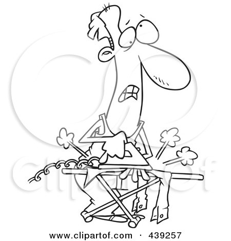 Royalty-Free (RF) Clip Art Illustration of a Cartoon Black And White Outline Design Of A Clueless Man Ironing Laundry by toonaday