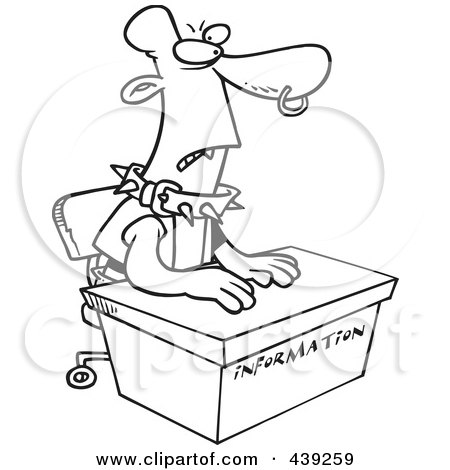 Royalty-Free (RF) Clip Art Illustration of a Cartoon Black And White Outline Design Of A Scary Man At An Information Desk by toonaday