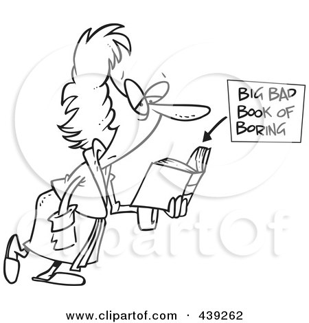 Royalty-Free (RF) Clip Art Illustration of a Cartoon Black And White Outline Design Of A Woman Reading A Boring Book by toonaday