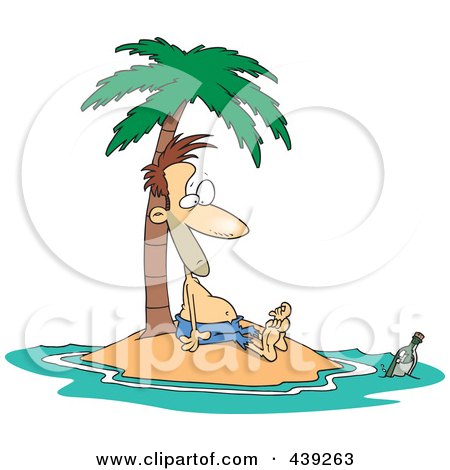 Royalty-Free (RF) Clip Art Illustration of a Cartoon Stranded Man Staring At A Message In A Bottle by toonaday