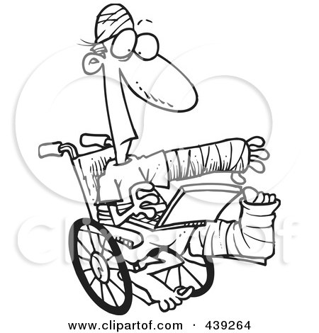 Royalty-Free (RF) Clip Art Illustration of a Cartoon Black And White Outline Design Of An Injured Guy Using A Laptop In A Wheelchair by toonaday