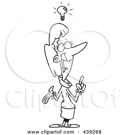 Royalty-Free (RF) Clip Art Illustration of a Cartoon Black And White Outline Design Of An Inspired Woman With An Idea by toonaday