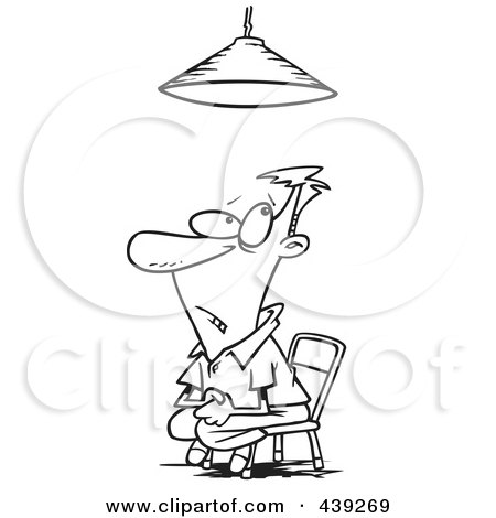 Royalty-Free (RF) Clip Art Illustration of a Cartoon Black And White Outline Design Of An Interrogated Man Sitting Under A Light by toonaday