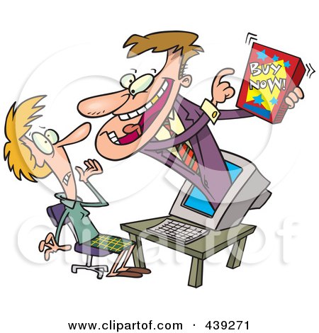 Royalty-Free (RF) Clip Art Illustration of a Cartoon Salesman Popping Out Of A Computer And Marketing A Product by toonaday
