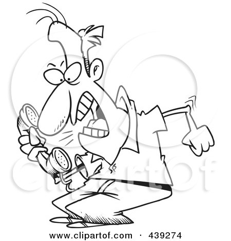 Royalty-Free (RF) Clip Art Illustration of a Cartoon Black And White Outline Design Of An Irate Man Screaming Into A Phone by toonaday