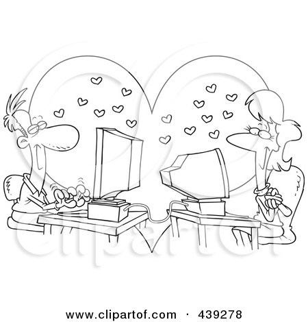 Royalty-Free (RF) Clip Art Illustration of a Cartoon Black And White Outline Design Of A Couple Meeting Online by toonaday