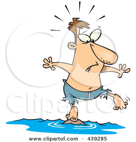 Royalty-Free (RF) Clip Art Illustration of a Cartoon Stranded Man Standing On A Tiny Island by toonaday
