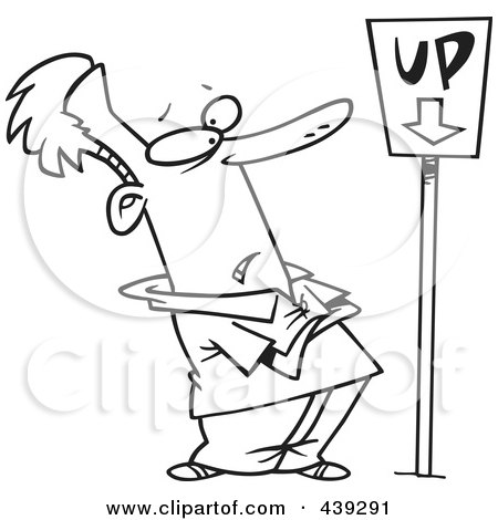 Royalty-Free (RF) Clip Art Illustration of a Cartoon Black And White Outline Design Of A Man Looking At An Up Sign Pointing Down by toonaday