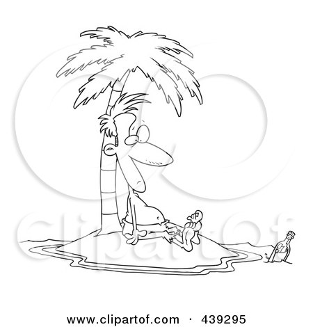 Royalty-Free (RF) Clip Art Illustration of a Cartoon Black And White Outline Design Of A Stranded Man Staring At A Message In A Bottle by toonaday