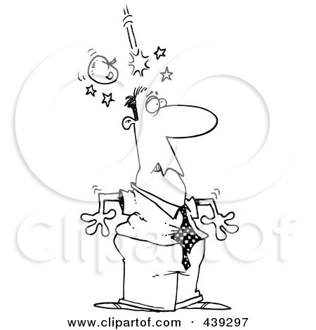Royalty-Free (RF) Clip Art Illustration of a Cartoon Black And White Outline Design Of An Apple Falling On A Man's Head by toonaday