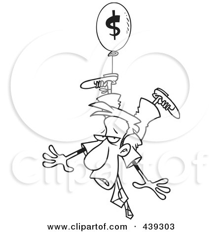 Royalty-Free (RF) Clip Art Illustration of a Cartoon Black And White Outline Design Of A Businessman Suspended From An Inflation Balloon by toonaday