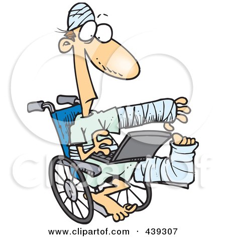 Royalty-Free (RF) Clip Art Illustration of a Cartoon Injured Guy Using A Laptop In A Wheelchair by toonaday