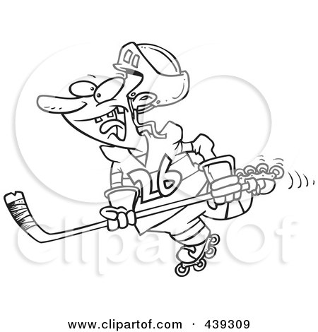 Royalty-Free (RF) Clip Art Illustration of a Cartoon Black And White Outline Design Of A Hockey Player Skating by toonaday