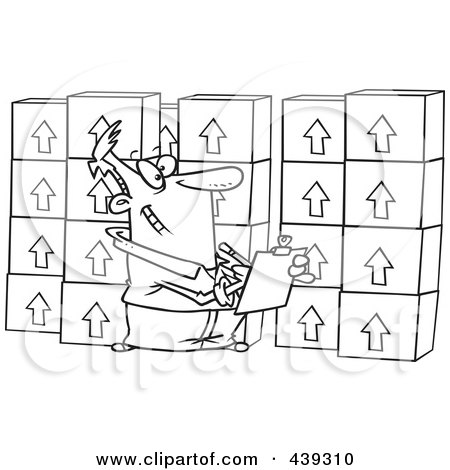 Royalty-Free (RF) Clip Art Illustration of a Cartoon Black And White Outline Design Of A Man Taking Inventory by toonaday