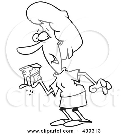 Royalty-Free (RF) Clip Art Illustration of a Cartoon Black And White Outline Design Of A Woman Indulging In Cake by toonaday