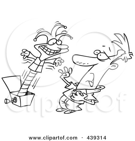 Royalty-Free (RF) Clip Art Illustration of a Cartoon Black And White Outline Design Of A Jack In The Box Scaring A Man by toonaday