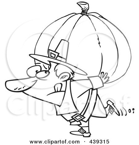 Royalty-Free (RF) Clip Art Illustration of a Cartoon Black And White Outline Design Of A Pilgrim Carrying A Heavy Pumpkin by toonaday