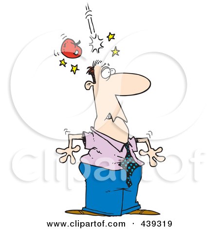 Royalty-Free (RF) Clip Art Illustration of a Cartoon Apple Falling On A Man's Head by toonaday