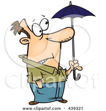 Royalty-Free (RF) Clip Art Illustration of a Cartoon Ill Prepared Man Holding A Tiny Umbrella by toonaday