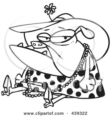 Royalty-Free (RF) Clip Art Illustration of a Cartoon Black And White Outline Design Of A Grumpy Bulldog Dressed In Lady Clothes by toonaday