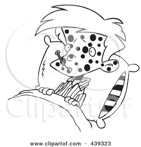 Royalty-Free (RF) Clip Art Illustration of a Cartoon Black And White Outline Design Of A Sick Spotted Boy In Bed With A Thermometer by toonaday