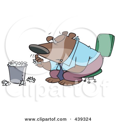 Royalty-Free (RF) Clip Art Illustration of a Cartoon Bored Business Bear Tossing Crumpled Paper In The Trash by toonaday