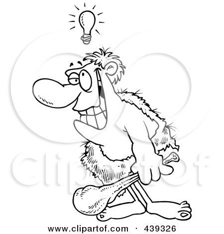 Royalty-Free (RF) Clip Art Illustration of a Cartoon Black And White Outline Design Of A Creative Caveman by toonaday
