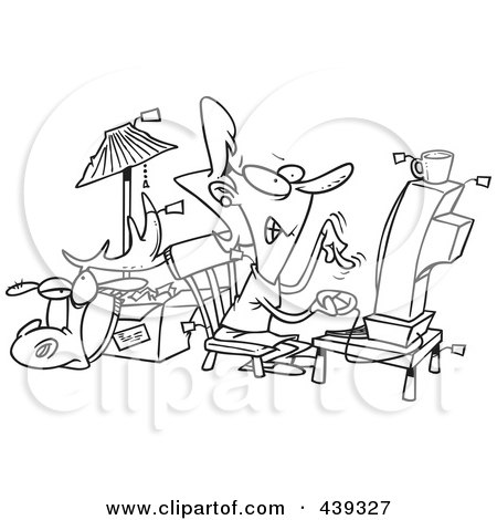 Royalty-Free (RF) Clip Art Illustration of a Cartoon Black And White Outline Design Of An Internet Auction Addict by toonaday