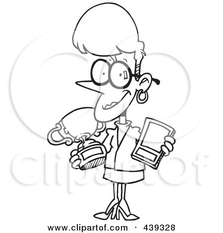 Royalty-Free (RF) Clip Art Illustration of a Cartoon Black And White Outline Design Of A Proud Businesswoman Showing Her Awards by toonaday