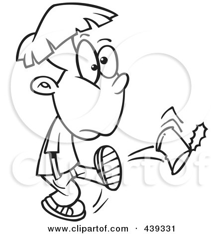 Royalty-Free (RF) Clip Art Illustration of a Cartoon Black And White Outline Design Of A Boy Kicking A Can by toonaday