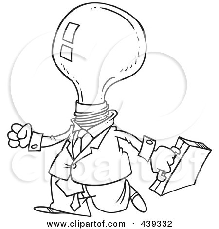 Royalty-Free (RF) Clip Art Illustration of a Cartoon Black And White Outline Design Of A Light Bulb Headed Businessman by toonaday