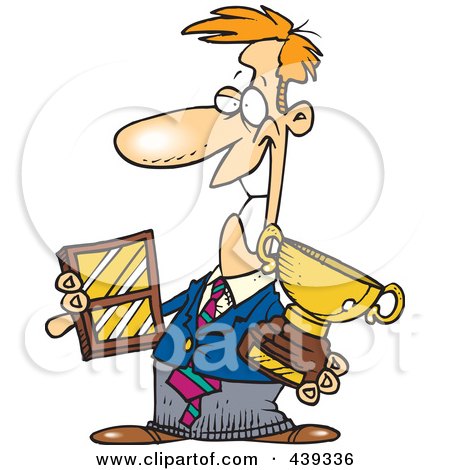 Royalty-Free (RF) Clip Art Illustration of a Cartoon Businessman Holding His Awards by toonaday