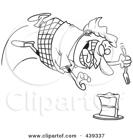 Royalty-Free (RF) Clip Art Illustration of a Cartoon Black And White Outline Design Of A Chubby Woman Diving For A Cake by toonaday